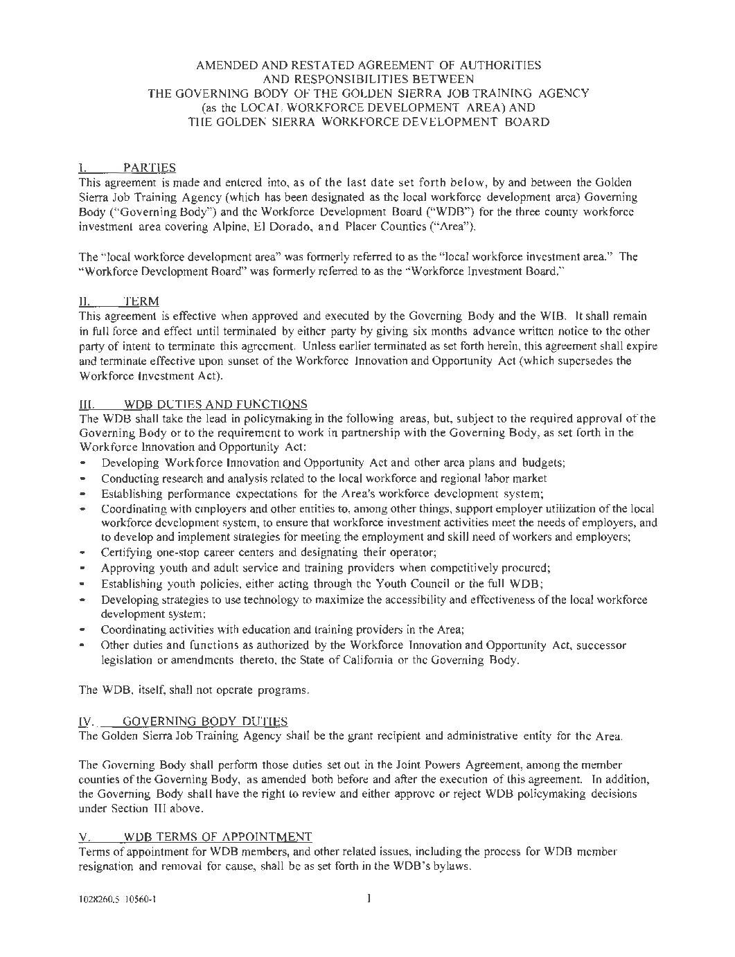 Workforce Development Board/Governing Body Agreement