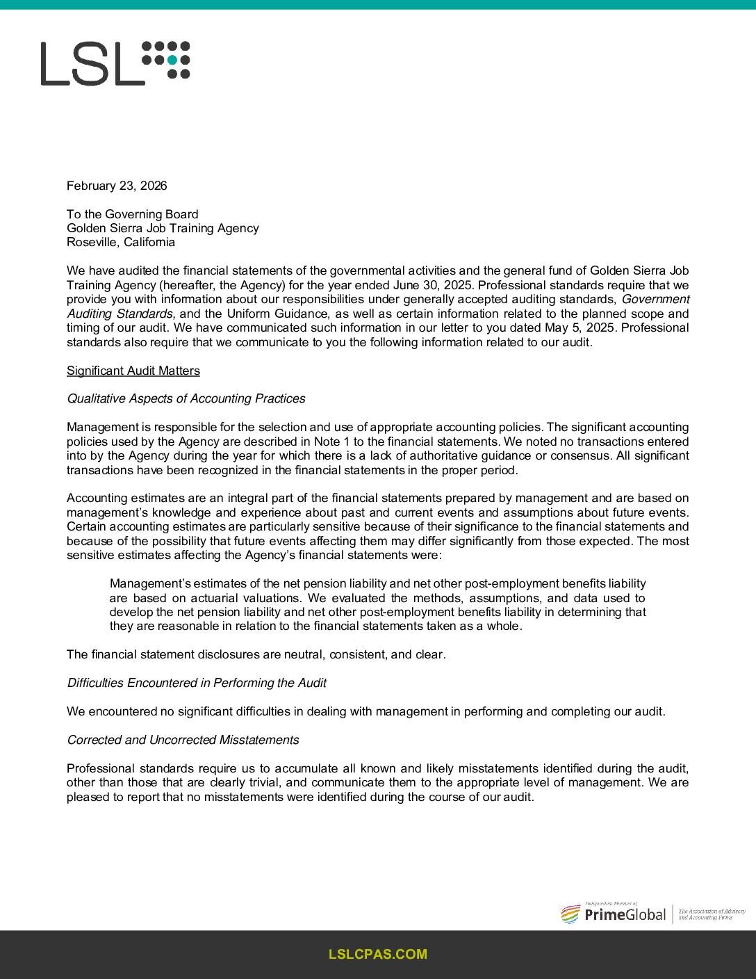 Golden Sierra Job Training Agency FYE 2025 Audit Communications FINAL