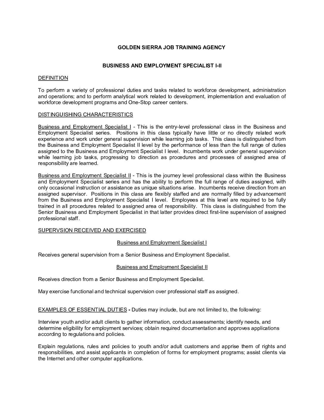 Business and Employment Specialist I and II