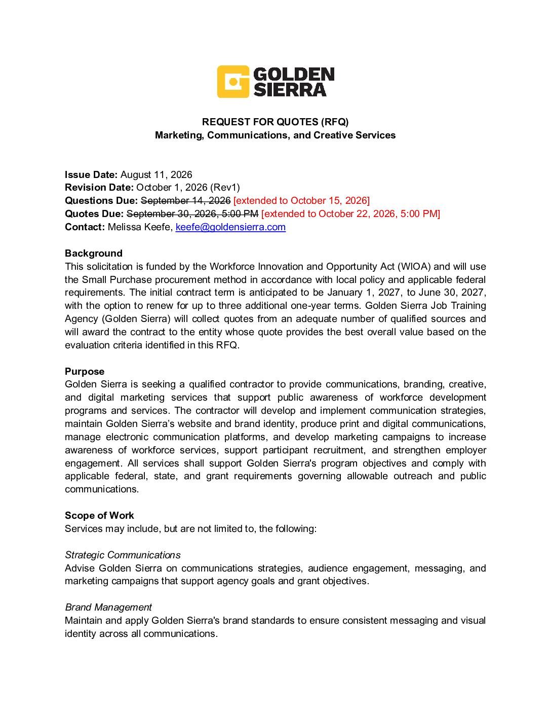 RFQ for Marketing, Communications and Creative Services