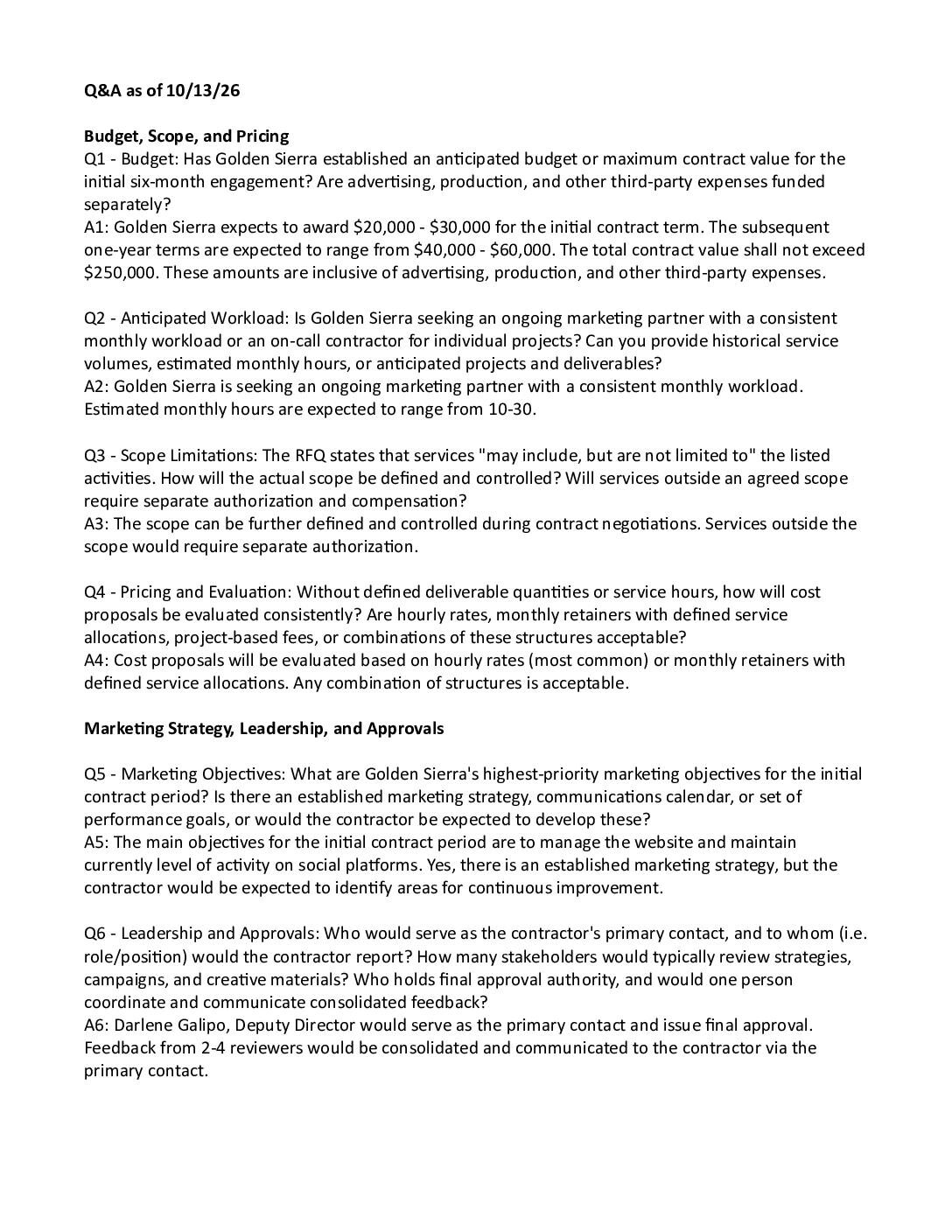 Questions and Answers – RFQ for Marketing, Communications and Creative Services