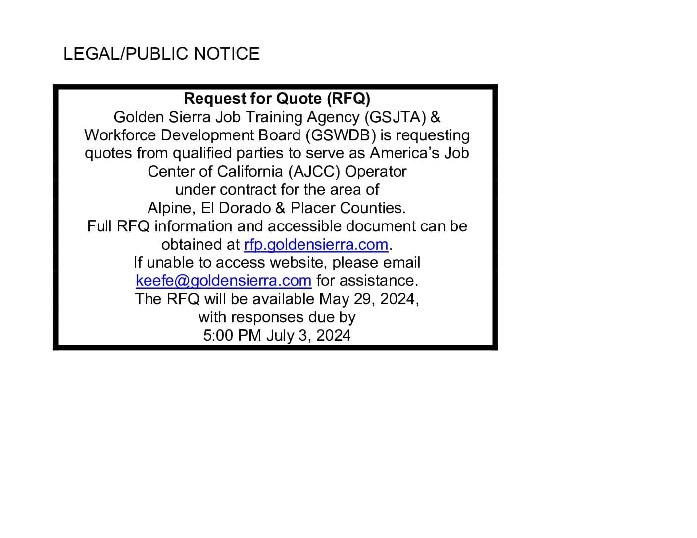 AJCC Operator RFQ Public Notice