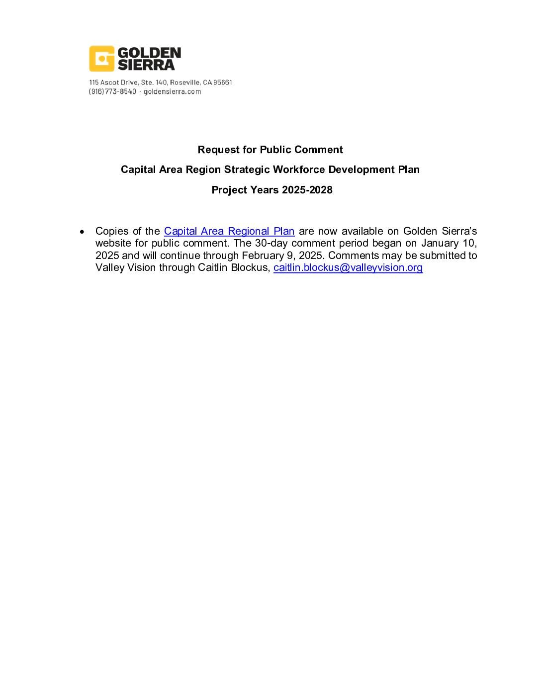 Request for Public Comment – Regional Plan