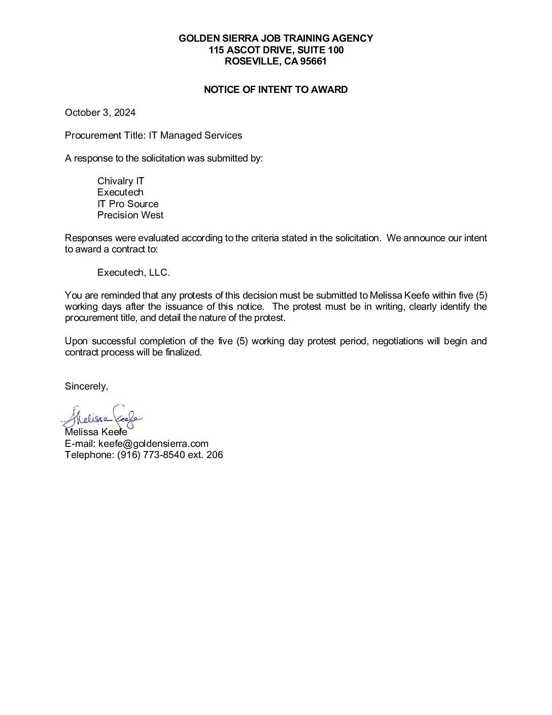 Intent to Award – IT Managed Services