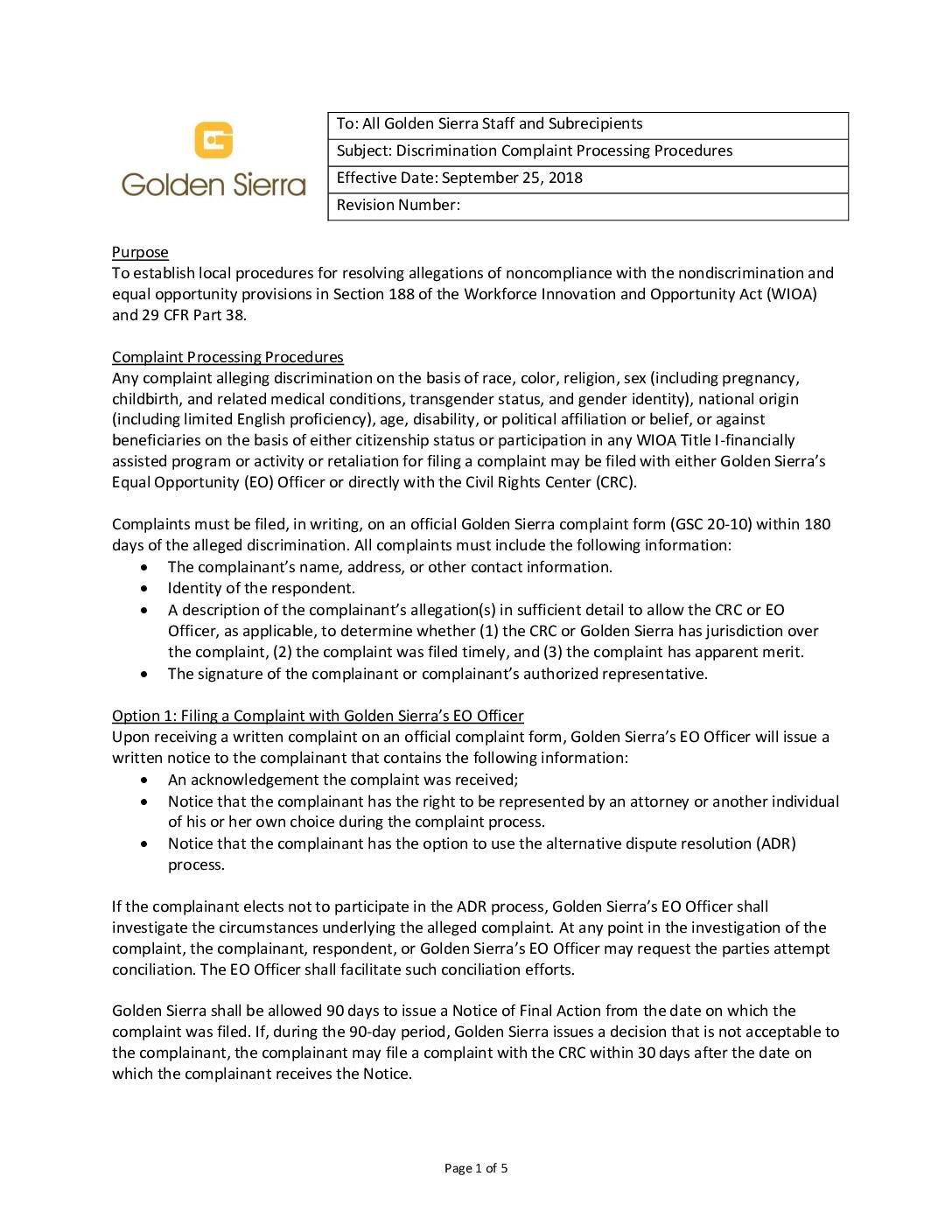 Discrimination Complaint Processing Procedures