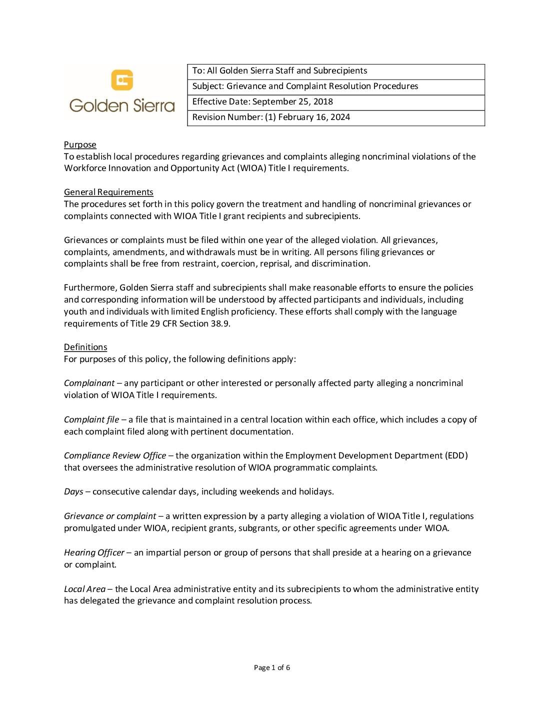 Grievance and Complaint Resolution Procedures