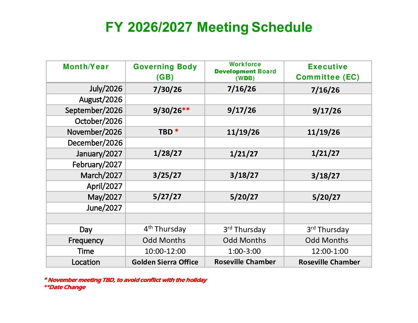 Meeting Schedule FY 2026-2027