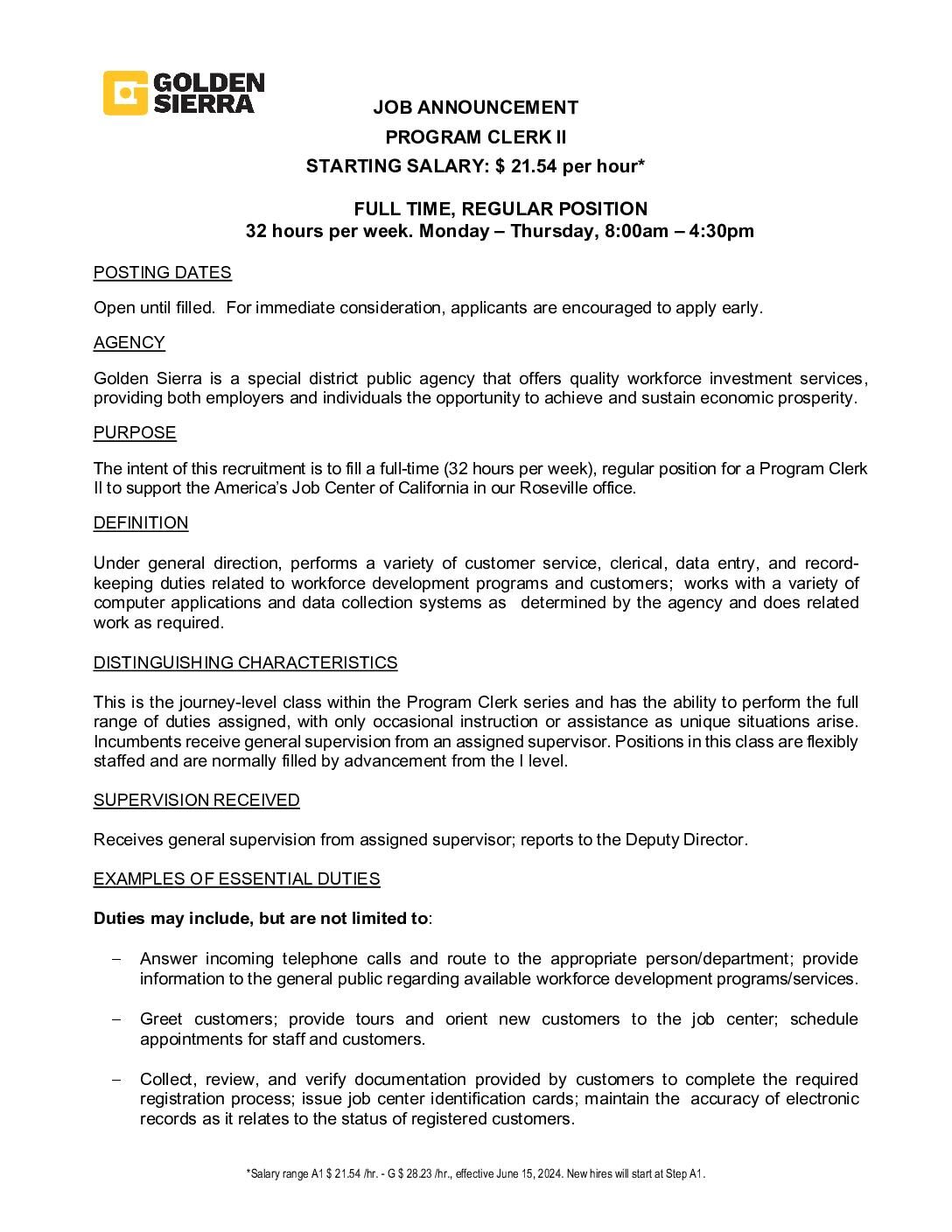 Program Clerk II (FT) Announcement