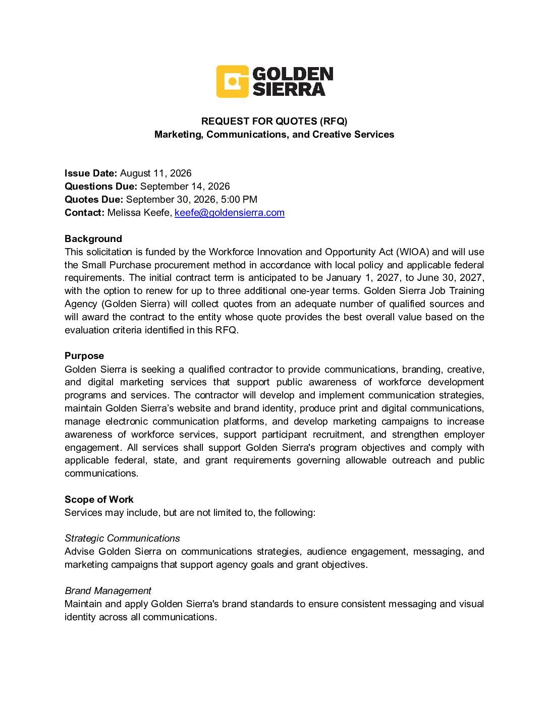 RFQ for Marketing, Communications and Creative Services